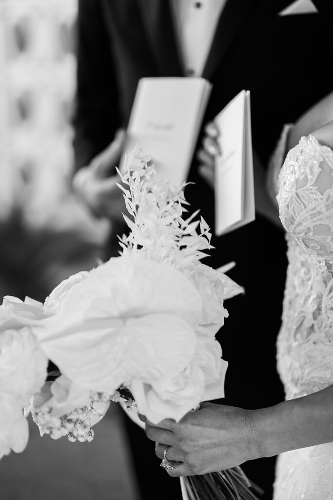 black and white detail of bridal bouquet